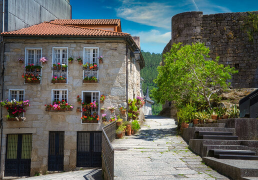 Bonita Casa Con Fachada Repleta De Flores En Sus Ventanas, Ribadavia, Galicia. Provincia De Orense, España.