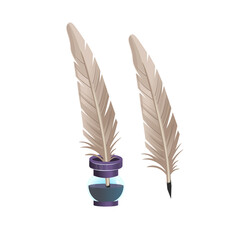 Feather pen with inkwell on white background.Ink-writing with a pen.Cartoon   vector illustration.