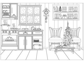 Festive decorated kitchen for the new year and Christmas. Vector coloring.