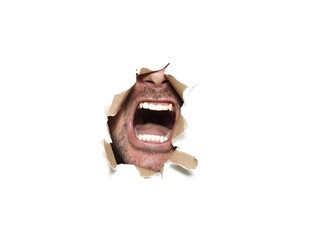 Man screaming and yelling through a hole in a white paper wall illustrating freedom of speech and getting attention. Isolated on white background.