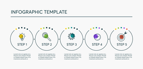 Circle infographic design template with icons and 5 options, steps or processes. Vector infographics business concept for presentation, process diagram, report, workflow, strategy.