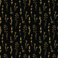 Seamless vector pattern with gold garden flowers on black isolated background.Repeating print with hand drawn botanical ornaments in doodle style.Design for textiles,wrapping paper,fabric,packaging.