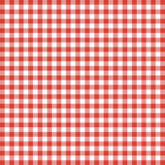 White and red picnic tablecloth. Red tablecloth on the table. Tablecloth in red and white square