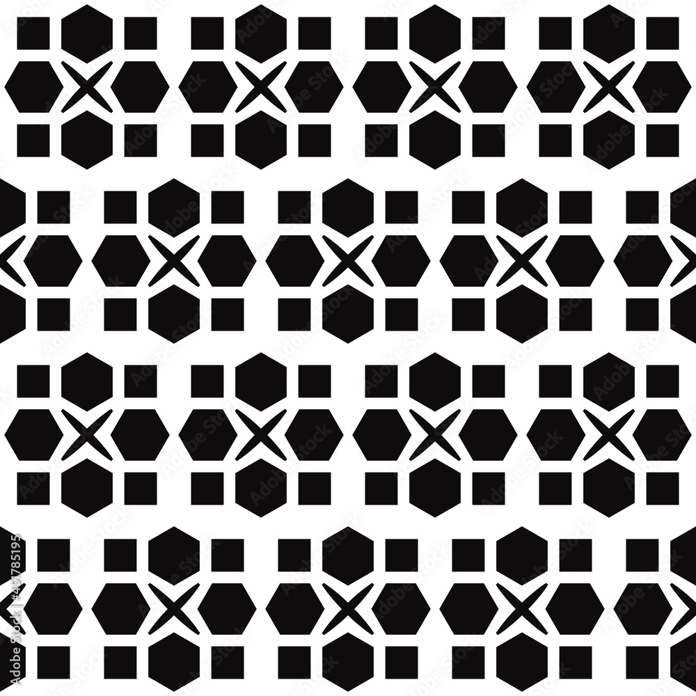 Poster Black hexagons and squares with crosses in center. Vector black shapes repeated sample.