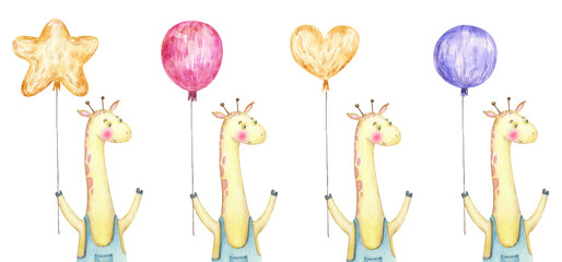 postcards with cute giraffe with balloons, cute childish watercolor illustration on white background