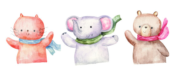 set of cute forest animals, elephant, cat and bear, hand drawn illustration, print, design for children