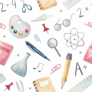 Seamless pattern. Back to school. Hand-drawn background with school supplies and creative elements © Ilona