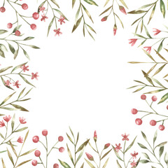 Fototapeta na wymiar frame with branches with red and pink flowers and green leaves, botanical illustration for printing , wedding design