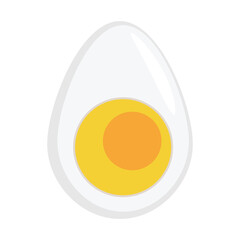 A peeled egg, cut in half. A white boiled egg with a yolk, ready for eating. Vector illustration in cartoon style, isolated on a white background for design and web.