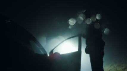 Looking up at a mysterious figure, standing next to a car with the door open, underneath a street light at night. With a blurred, bokeh edit