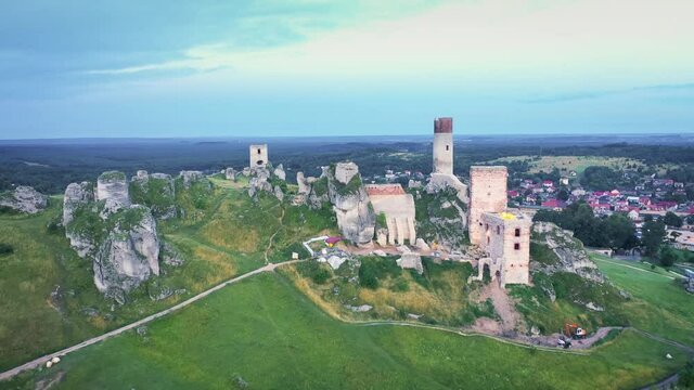 Aerial view of 14-century Olsztyn castle in Poland
