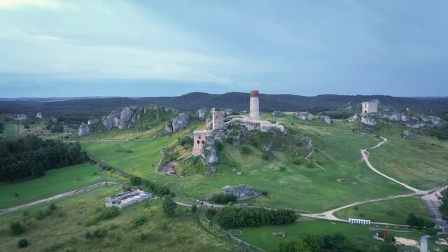 Aerial view of 14-century Olsztyn castle in Poland
