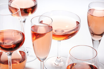 Rose wine glasses on white background. Wine tasting, top view