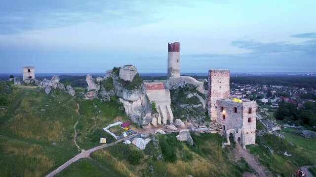 Aerial view of 14-century Olsztyn castle in Poland
