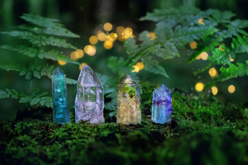 Crystals gemstones in mysterious forest, natural green background. Magic quartz minerals for...