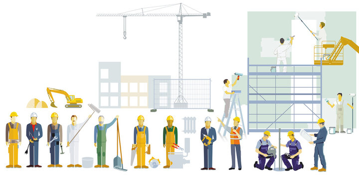 Handwerker und Bauarbeiter auf der Baustelle, Illustration