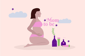 Illustration vectorielle d'une femme enceinte avec des produits de soin. Thème grossesse et de la maternité. Femme enceinte avec des vergetures qui tient son ventre et message mom to be