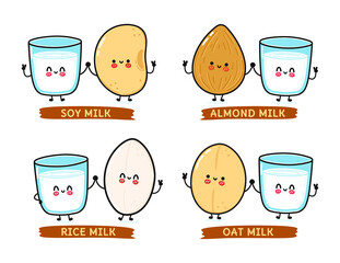 Funny cute happy vegetable milk characters bundle set. Vector kawaii line cartoon style illustration. Cute soy milk, almond milk, rice milk, oat milk mascot character collection