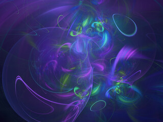 Abstract fractal art background of rounded shapes that suggest bubbles and reflections, in a purple, blue and green color scheme.