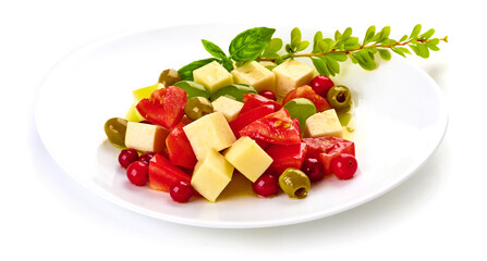 Fresh tomato and cheese salad, isolated on white background.