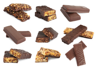 Set with different delicious protein bars on white background