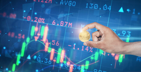 Bitcoin gold coins in business hands and blurry chart background, Concept of virtual currency