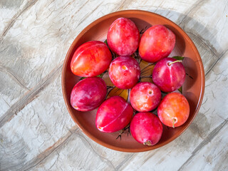 Ripe honey red plums in a ceramic brown plate