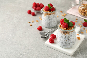 Delicious chia pudding with raspberries and granola on grey table. Space for text