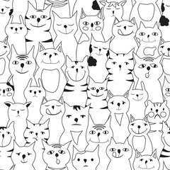 Seamless pattern with cats. Funny cats with different facial expressions. Vector illustration in doodle style, black outline on a white background. Coloring for children and adults