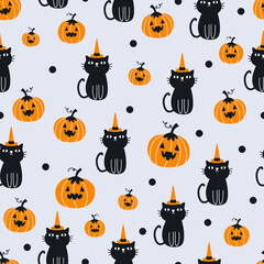 Vector seamless pattern for Halloween with cat and pumpkin.