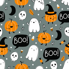 Vector seamless pattern for Halloween. Pumpkin, ghost, candy on Halloween theme.