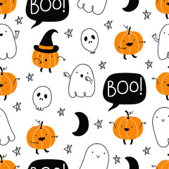 Vector seamless pattern for Halloween. Pumpkin, ghost, candy on Halloween theme