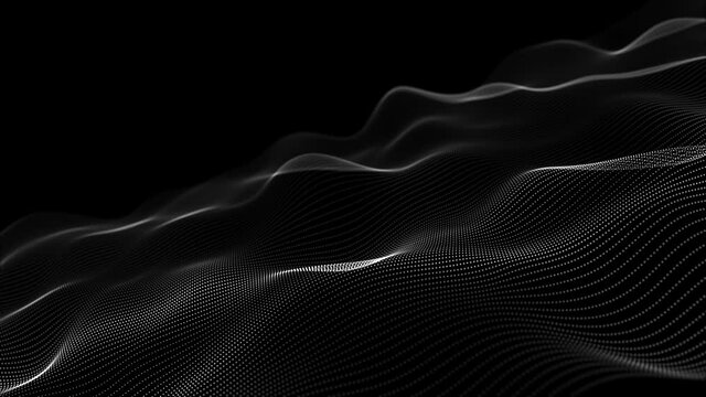 Futuristic grid wave of blue halftone digital dots data smooth seamless animation on dark with dim light background. Flow particles landscape. For cyber technology, sound visualization, big data