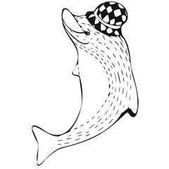 line drawing of a cute dolphin with a hat