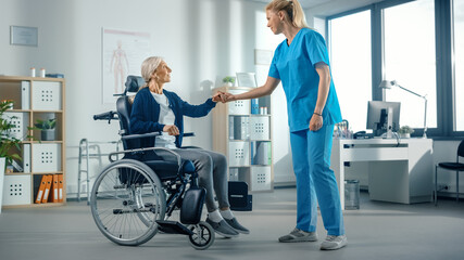 Hospital Physical Therapy: Strong Senior Female Sits on a Wheelchair, Injured Person Successfully Recover, Rehabilitation Physiotherapist Doctors Helps, Assist Disabled Patient