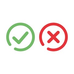 Green circle with check mark and red circle with cross sign. Approved and rejected symbol.