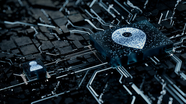 Location Technology Concept with map pin symbol on a Microchip. White Neon Data flows between the CPU and the User across a Futuristic Motherboard. 3D render.