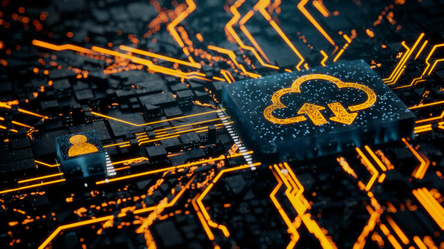 Data storage Technology Concept with cloud symbol on a Microchip. Orange Neon Data flows between the CPU and the User across a Futuristic Motherboard. 3D render.