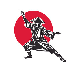 Man samurai silhouette. Black ninja with a red japan circle on the background. Good idea for a logo, web design or presentation about oriental martial arts.