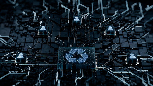 Eco Technology Concept with recycle symbol on a Microchip. White Neon Data flows between Users and the CPU across a Futuristic Motherboard. 3D render.