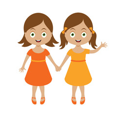 Two cute little girls holding hands icon vector. Two adorable sisters girls cartoon character. Happy little girls in orange dress icon isolated on a white background