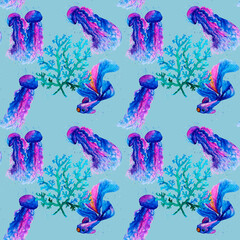 Fototapeta na wymiar Watercolor seamless patterns of sea jellyfish on a colored background.Pattern seamless jellyfishes Space colorful repeat texture wallpaper illustration .Watercolor concept on an isolated background.