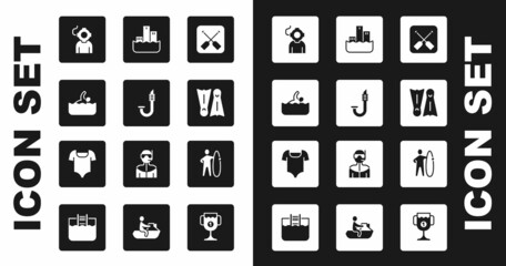Set Paddle, Snorkel, Swimmer, Aqualung, Flippers for swimming, Winner podium, Surfboard and Swimsuit icon. Vector