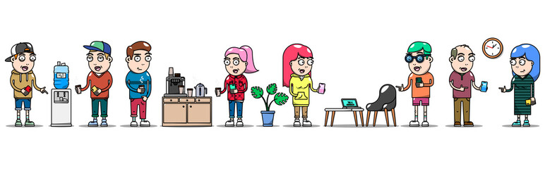 People in office interior set. Cartoon characters. Thin line flat design isolated illustration