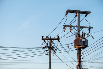 AC high-voltage power transformer. Electrical energy transfer to end users through distribution...
