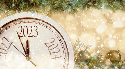 Clock counting last moments to New 2023 Year, beautiful fir branches and festive decor, banner...