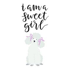 Vector illustration with cute poodle and text I am a sweet girl.