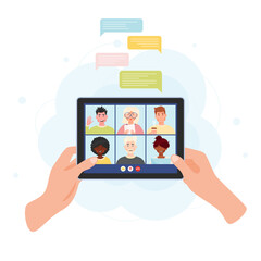 Hands holding tablet with online meeting conference chat. Video chat concept with notification bubbles. Vector illustration.