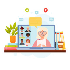 Online video chat conference meeting with diverse group of people. Home office workplace concept with notifications bubbles. Vector illustration.