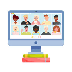 Online video chat conference meeting with diverse group of people. Home office workplace. Vector illustration.